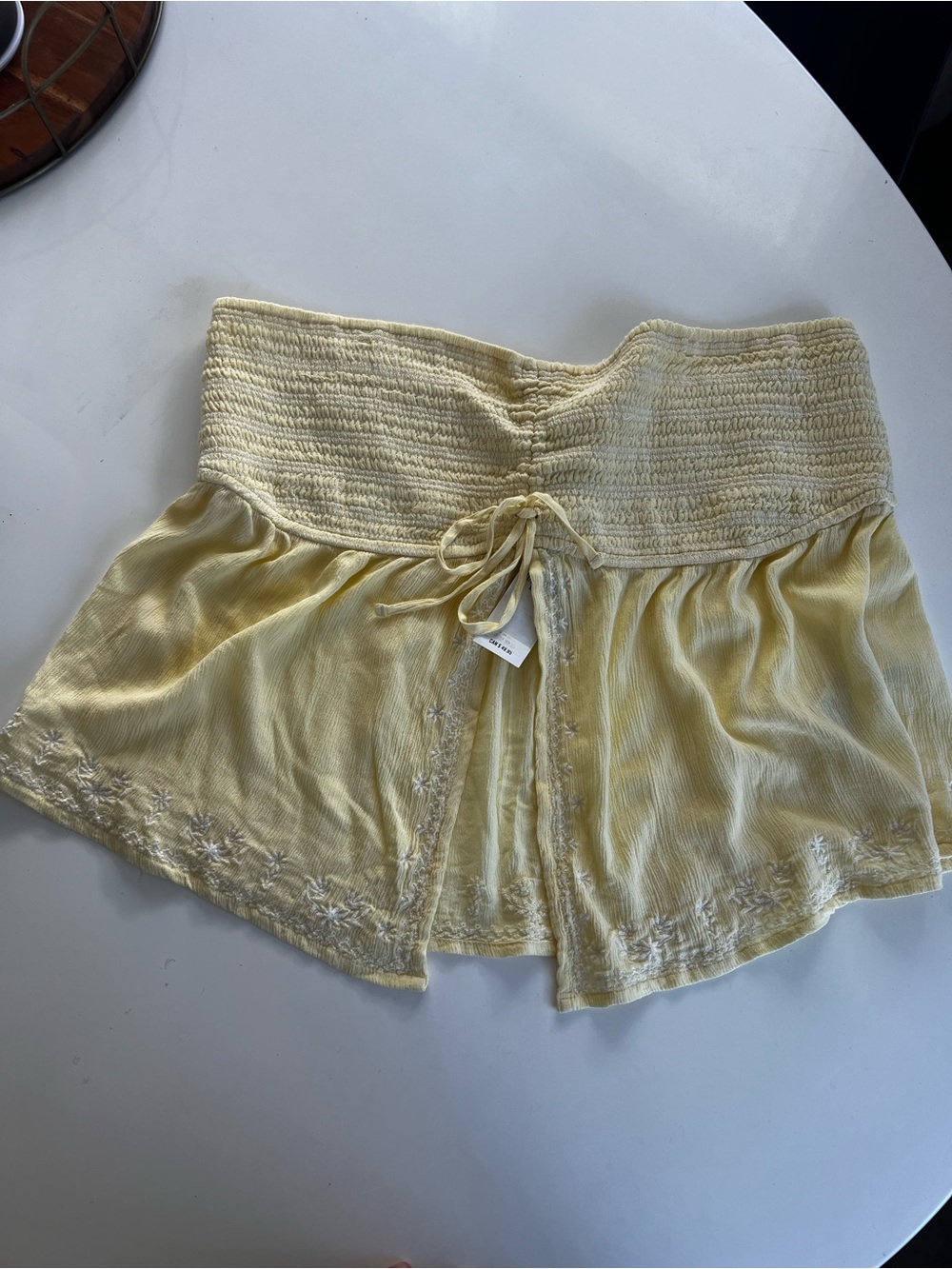 Hollister Pale Yellow Smocked Strapless Crop Top with Embroidered Hem